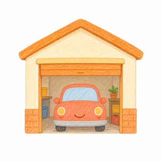 ガレージに停まったかわいい車のイラスト