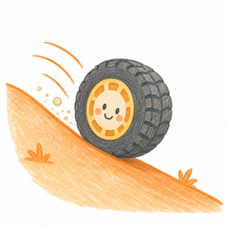 坂道を転がるタイヤのイラスト