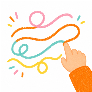 子供の手が指先で色とりどりの線を描いているイラスト